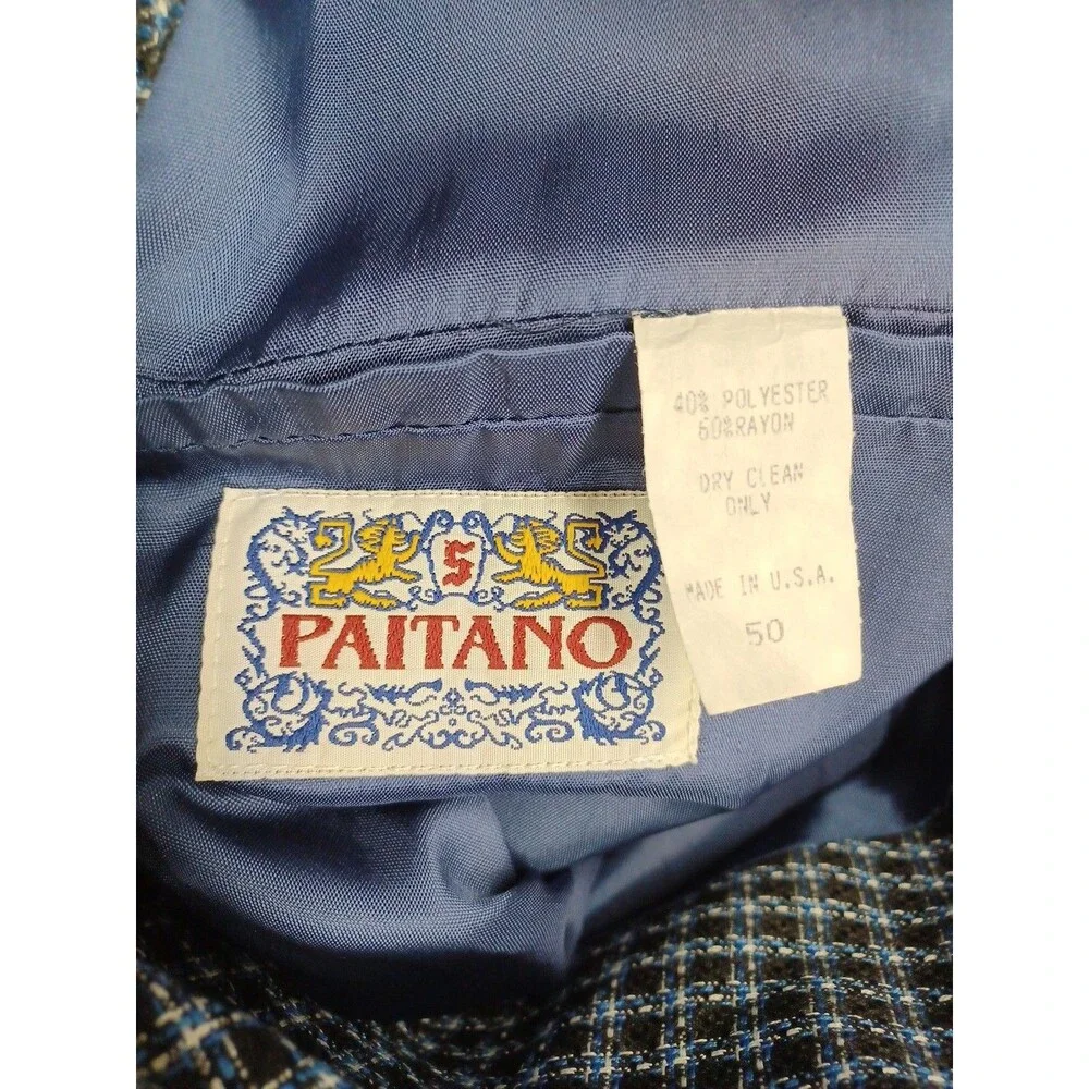 Vtg Paitano Tweed Blazer Mens Sz 50 Black Blue Plaid